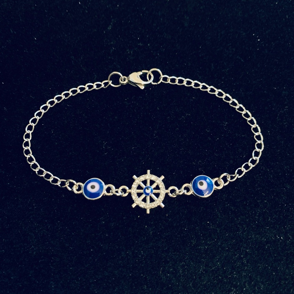 Rhinestone Nautical Ship’s Wheel w/Evil Eye bracelet or anklet - Picture 5 of 5